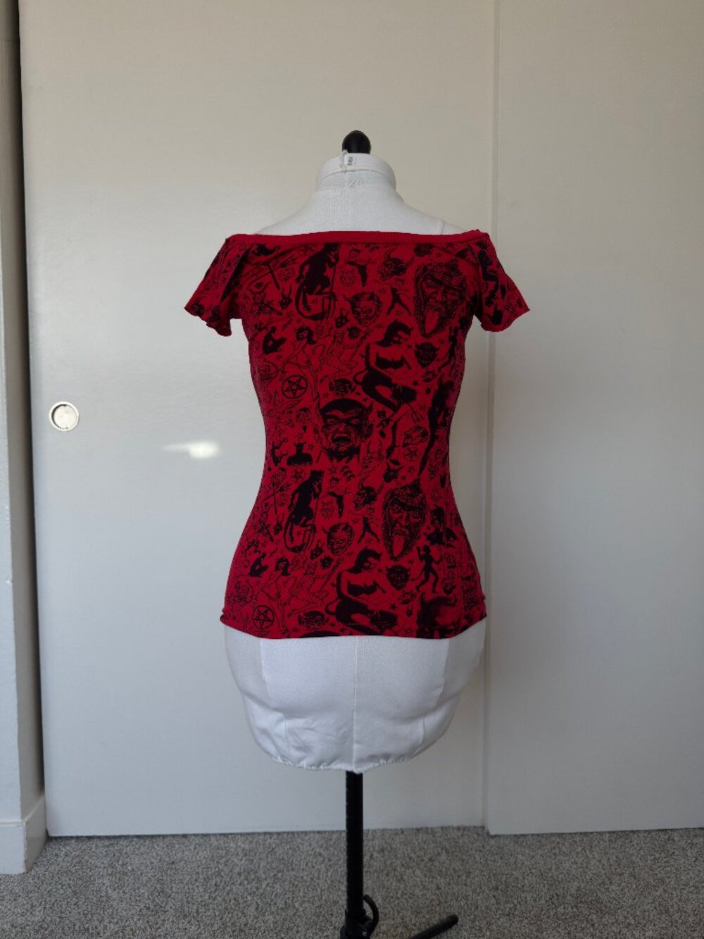 Kreepsville 666 Red occult print shoulder top - Picture 3 of 5